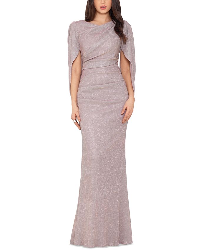 Betsy & Adam Petite Cape-Back Metallic Gown