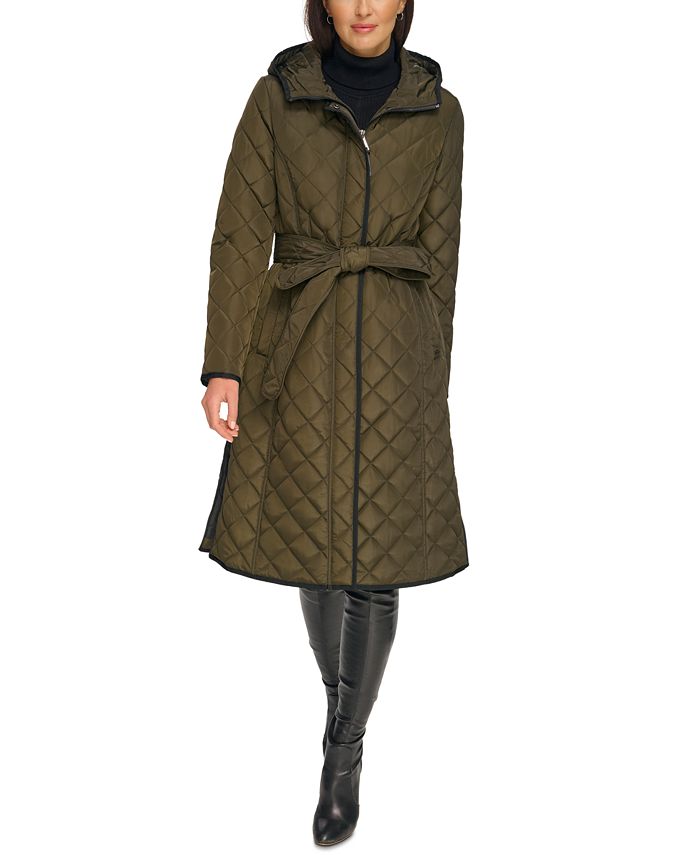 DKNY Women's Petite Hooded Belted Quilted Coat