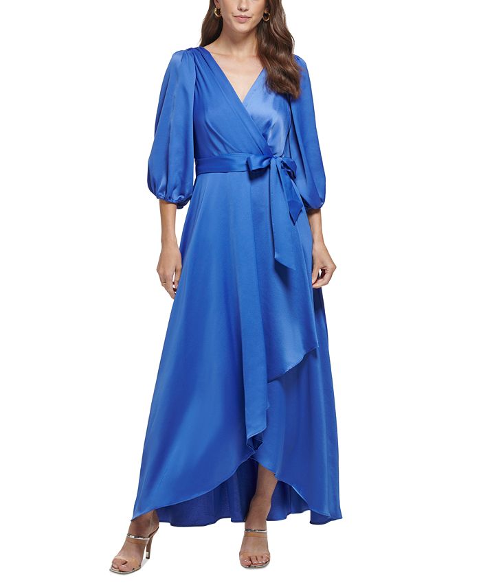 DKNY 3/4-Sleeve Belted Faux-Wrap Gown