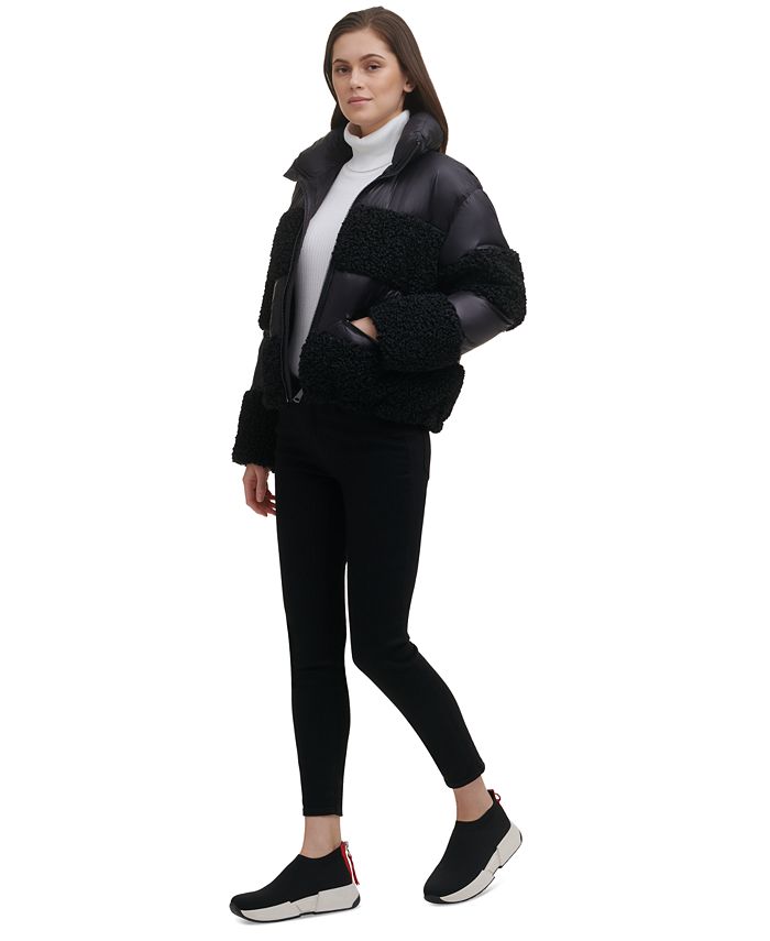 DKNY Women's Sherpa Panel Zip-Front Puffer Jacket