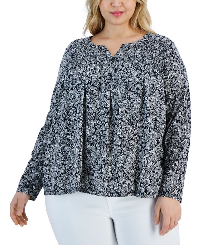 Style & Co Plus Size Split-Neck Long-Sleeve Top