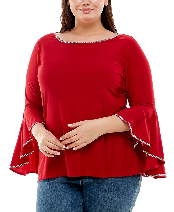 NY Collection Plus Size Long Bell Sleeve Tunic Top with Stone Details