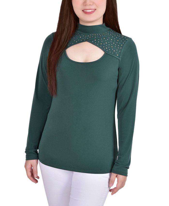 NY Collection Petite Long Sleeve Studded Mock Neck Top