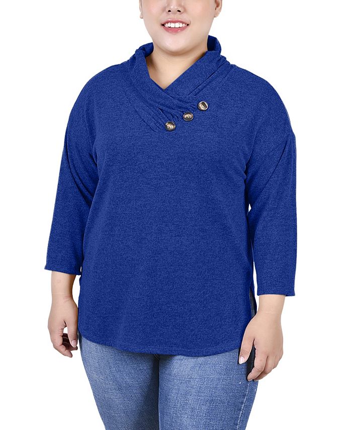 NY Collection Plus Size 3/4 Sleeve Crossover Cowl Neck Top