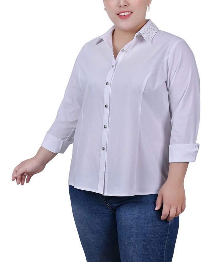 NY Collection Plus Size Long Sleeve Button Front Blouse