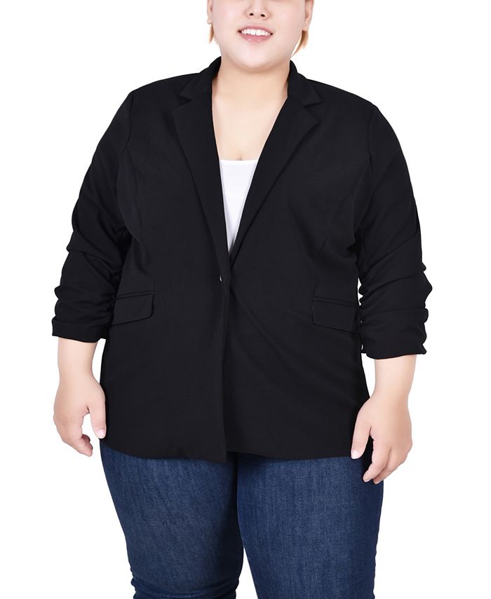 NY Collection Plus Size 3/4 Rouched Sleeve Crepe Blazer