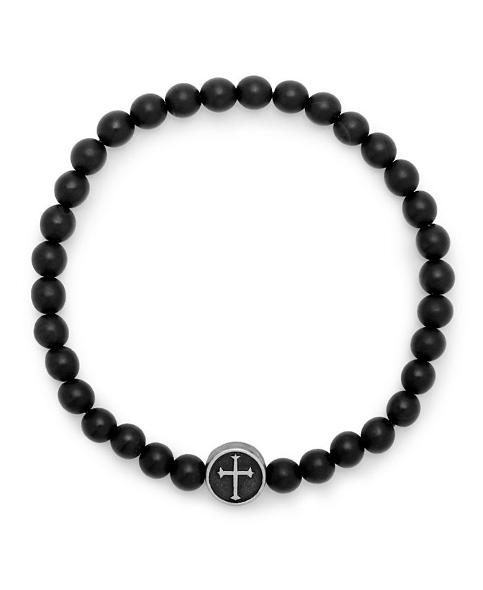 Eve's Jewelry Men's Black Agate Cross Bead Bracelet