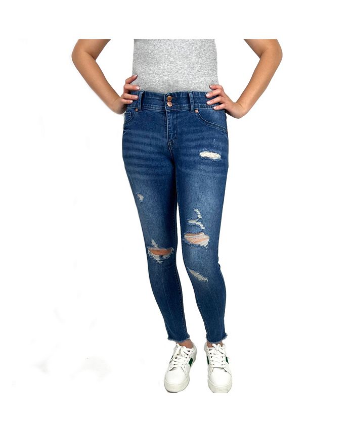 Indigo Poppy Tummy Control Fray Hem Destructed Skinny Jean