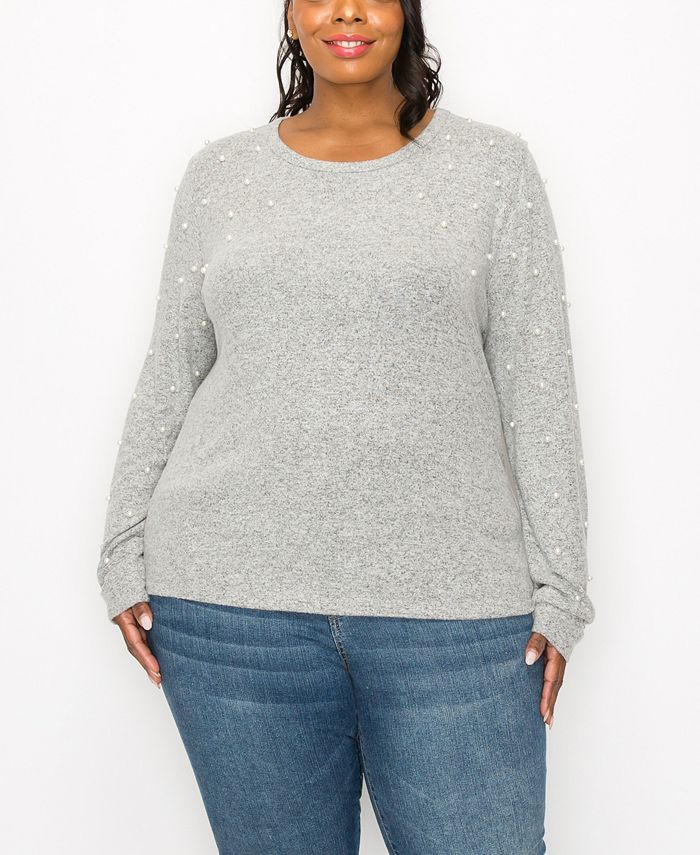 COIN 1804 Plus Size Long Sleeve Pullover Top with Imitation Pearls