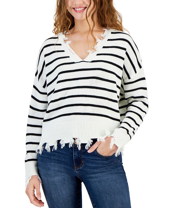 Just Polly Juniors' Drop-Shoulder Distressed-Edge Sweater