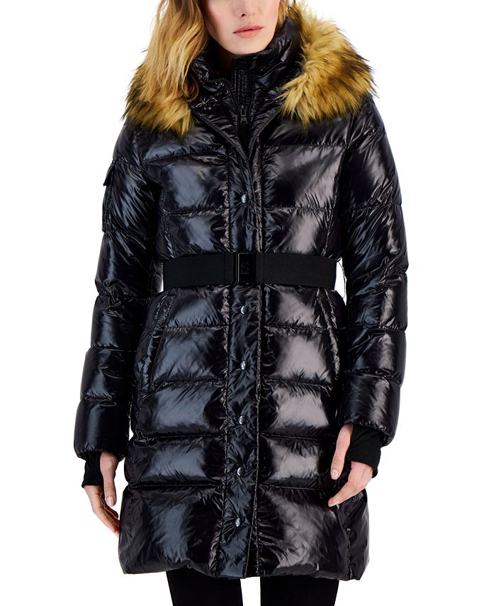 S13 Women's Chalet Belted Faux-Fur-Trim Hooded Puffer Coat