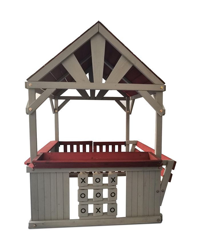 Funphix Hangout Hut, Kids Outdoor Wooden Playhouse with Sandbox and Tic Tac Toe