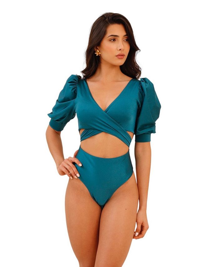 Adara Swimwear Napoli One Piece Swimsuit - Puff Sleeves Top - High-cut Scrunch Bottom - Teal Blue