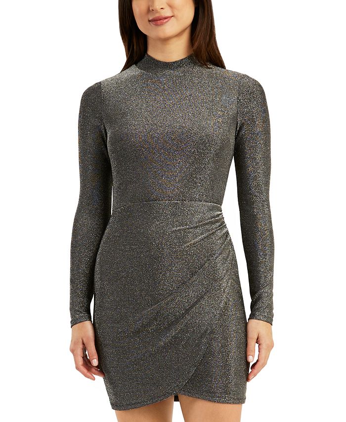 BCX Juniors' Metallic Ruched Tulip-Hem Mock-Neck Dress