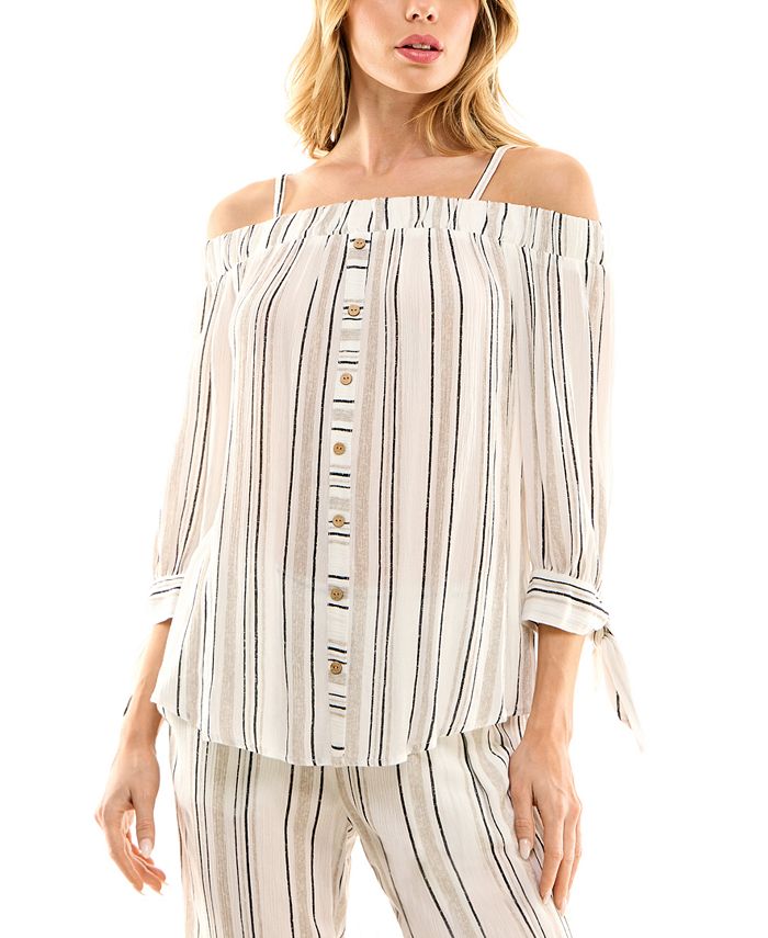 BCX Juniors' Striped Off-The-Shoulder 3/4-Sleeve Top