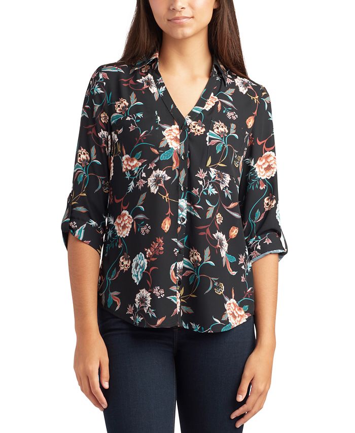 BCX Juniors' Printed Collared V-Neck Blouse