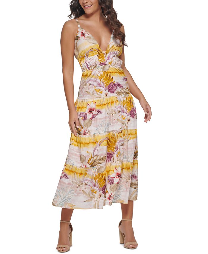 GUESS Women's Tropical-Print Plunge-Neck Maxi Dress