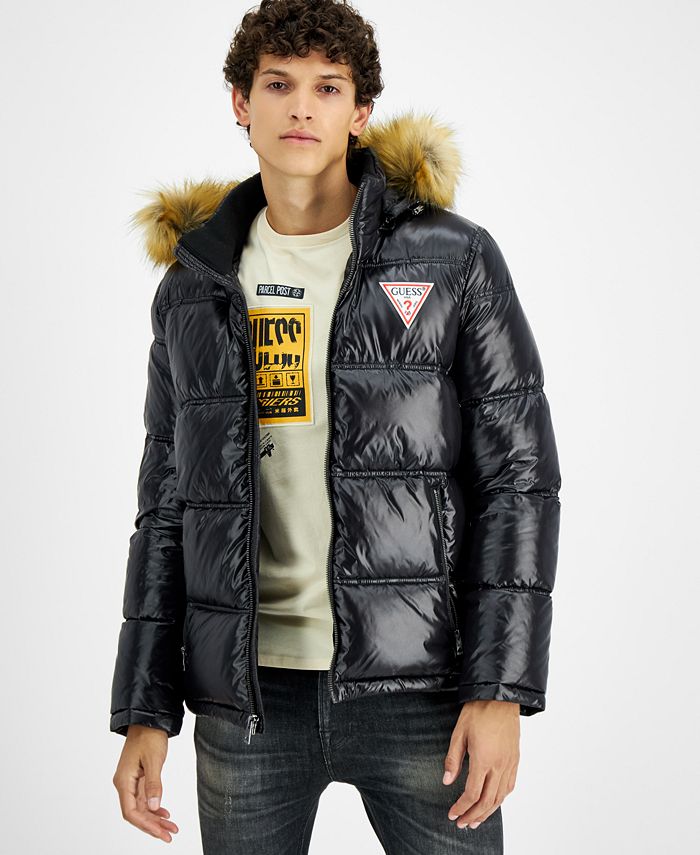 GUESS Men's Puffer Jacket With Faux Fur Hood