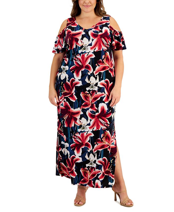 Connected Plus Size Printed Cold-Shoulder Maxi Dress