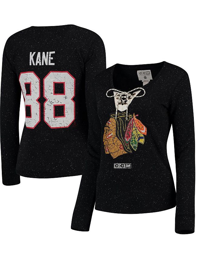 Reebok Women's Patrick Kane Black Chicago Blackhawks Henley Lace Up Name and Number Long Sleeve T-shirt