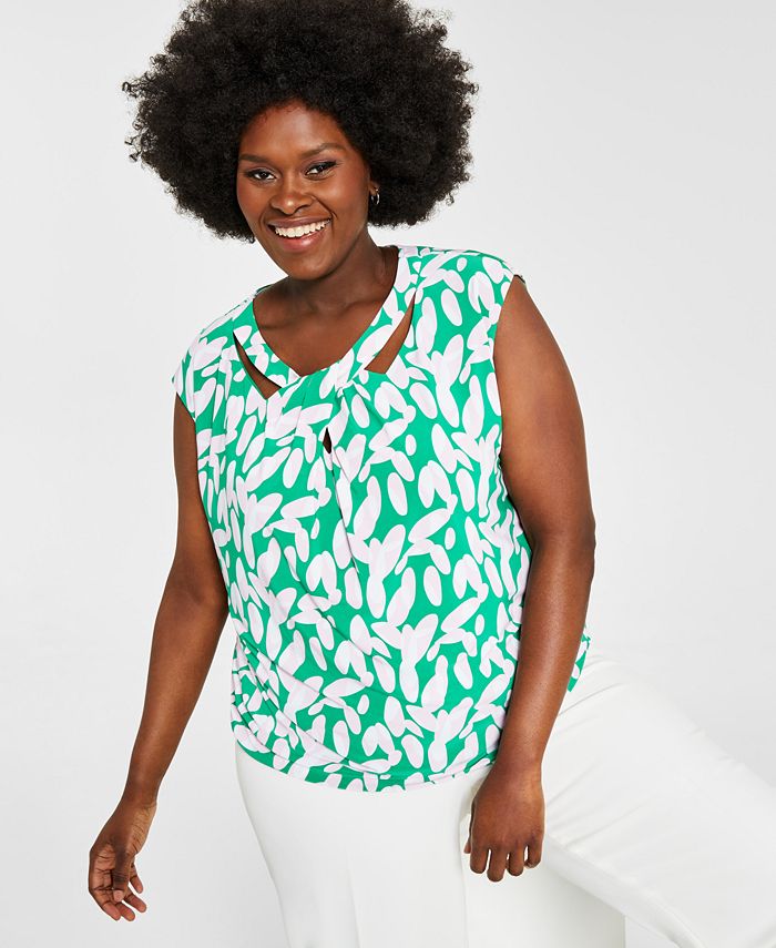 Kasper Plus Size Sleeveless Printed Twist-Neck Top