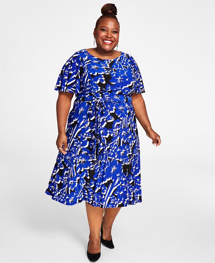 Kasper Plus Size Florinda Flutter-Sleeve Belted Dress