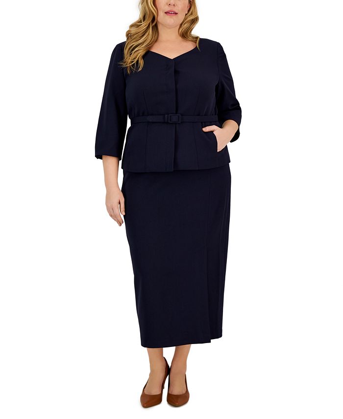 Le Suit Plus Size Collarless Belted Jacket and Column Skirt Suit