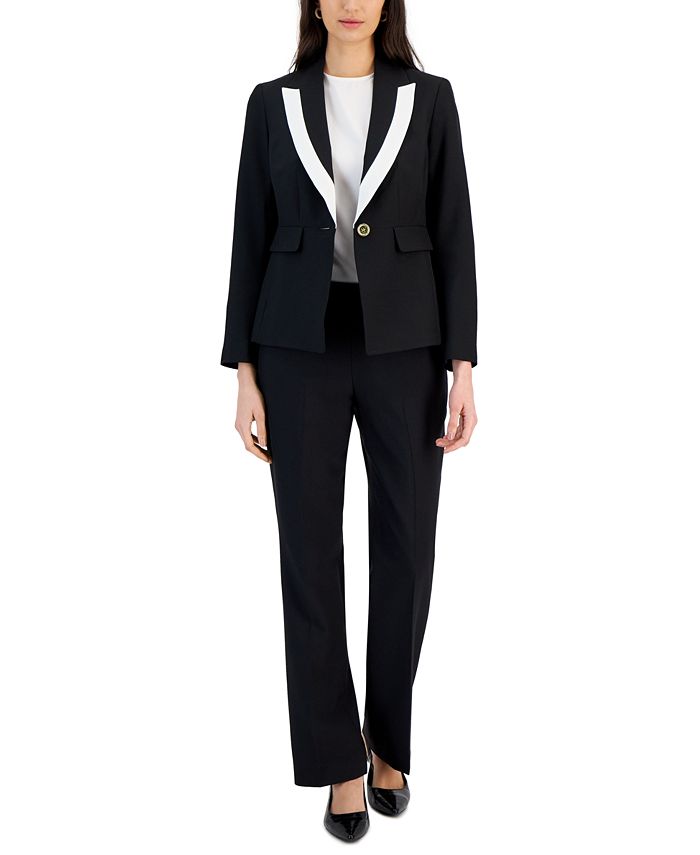 Le Suit Women's Contrast-Trim Peak-Lapel Pantsuit, Regular and Petite