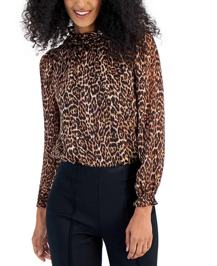 Anne Klein Women's Animal-Print Ruffled-Neck Keyhole-Back Blouse