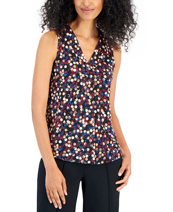 Anne Klein Petite Printed V-Neck Pleated Tank