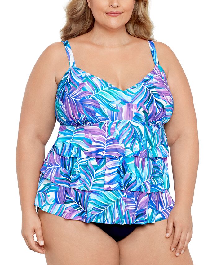 Swim Solutions Plus Size Tummy Control Printed Fauxkini One-Piece Swimsuit