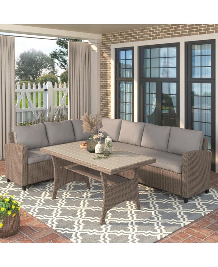 Simplie Fun Patio Outdoor Furniture PE Rattan Wicker Conversation Set All-Weather Sectional Sofa Set with Table & Soft Cushions (Brown)