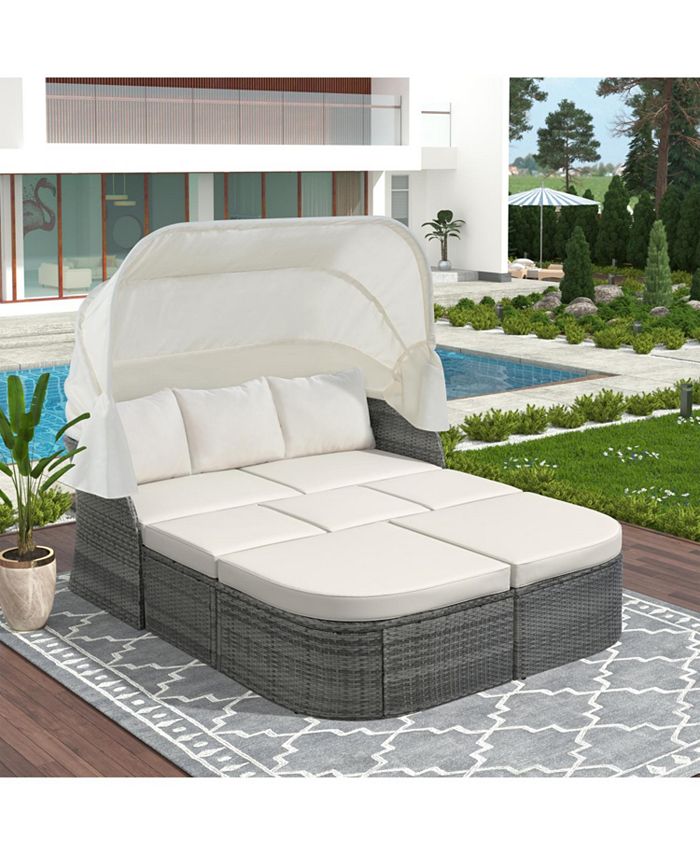 Simplie Fun Outdoor Patio Furniture Set Daybed Sunbed with Retractable Canopy Conversation Set Wicker Furniture Sofa Set