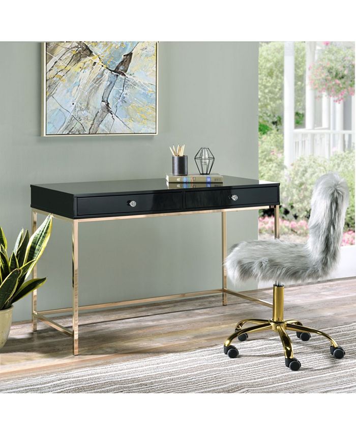 Simplie Fun Ottey Writing Desk, Black High Gloss & Gold Finish 93540