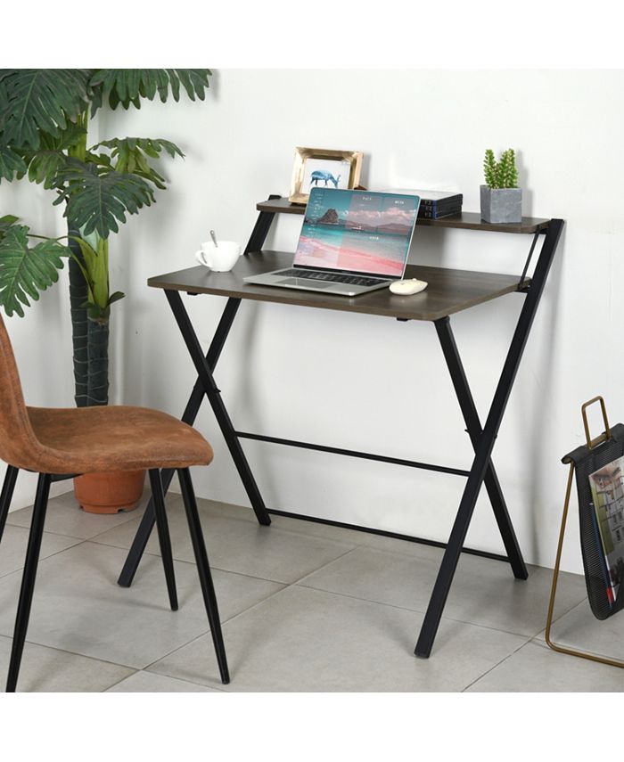 Simplie Fun 29.6" foldable desk with tier - WALNUT & BLACK