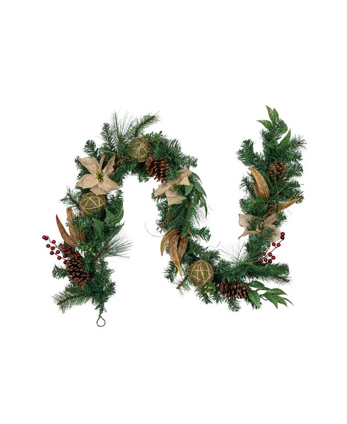 Northlight 6' x 10" Burlap Poinsettia Moss Ball Mixed Pine and Berries Christmas Garland - Unlit