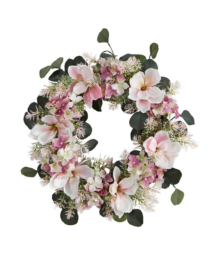 Nearly Natural Hydrangea and Magnolia Artificial Wreath, 20"