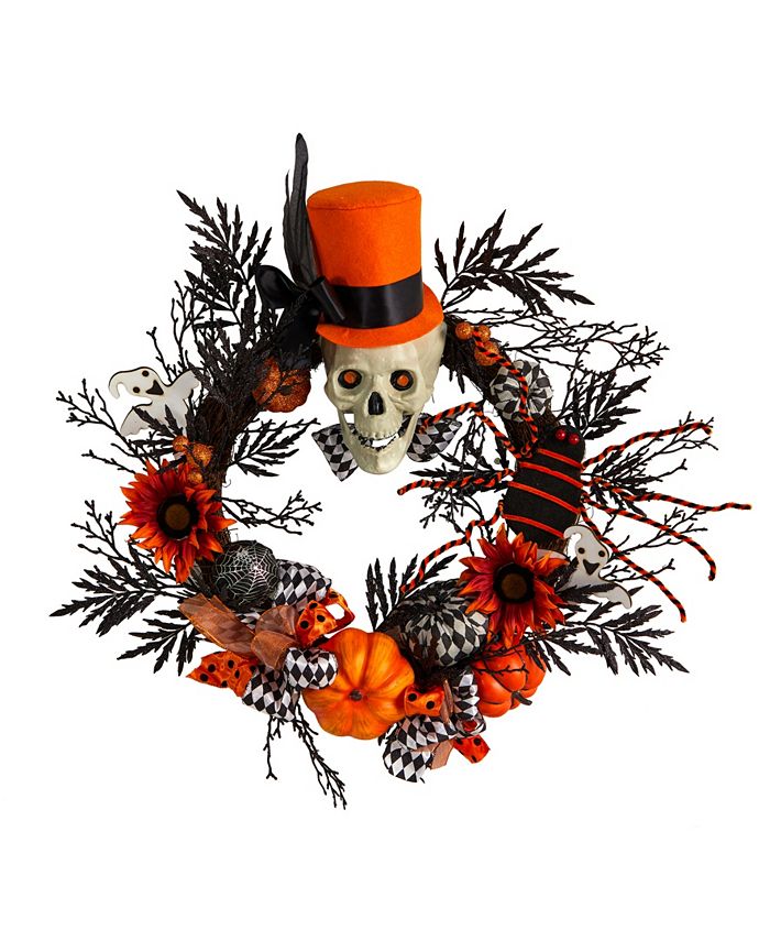 Nearly Natural 30" Spider and Skull with Top Hat Halloween Wreath