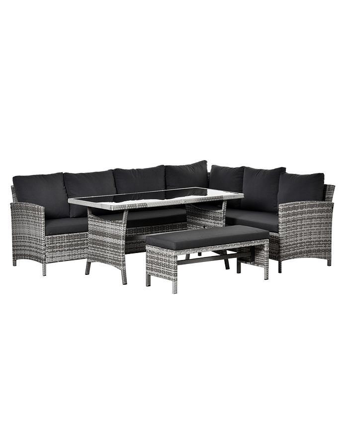 Outsunny 4 Pieces Patio Wicker Dining Sets, Outdoor PE Rattan Sectional Conversation Set with Cushions & Dining Table, Bench for Garden, Backyard, Lawn, Charcoal Grey