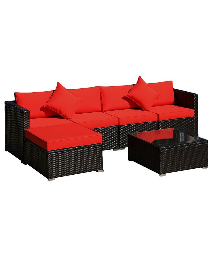 Outsunny 6 Pieces Patio Furniture Sets Outdoor Wicker Conversation Sets All Weather PE Rattan Sectional sofa set with Ottoman, Cushions & Tempered Glass Desktop, Red