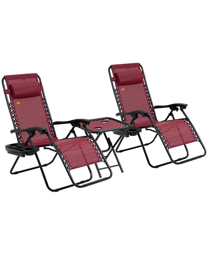 Outsunny 3-Piece Outdoor Chaise Lounger Chair Set, Folding Reclining Zero Gravity Chair with Side Table, Cup Holder and Headrest for Patio, Yard, Beach, Pool, Wine Red