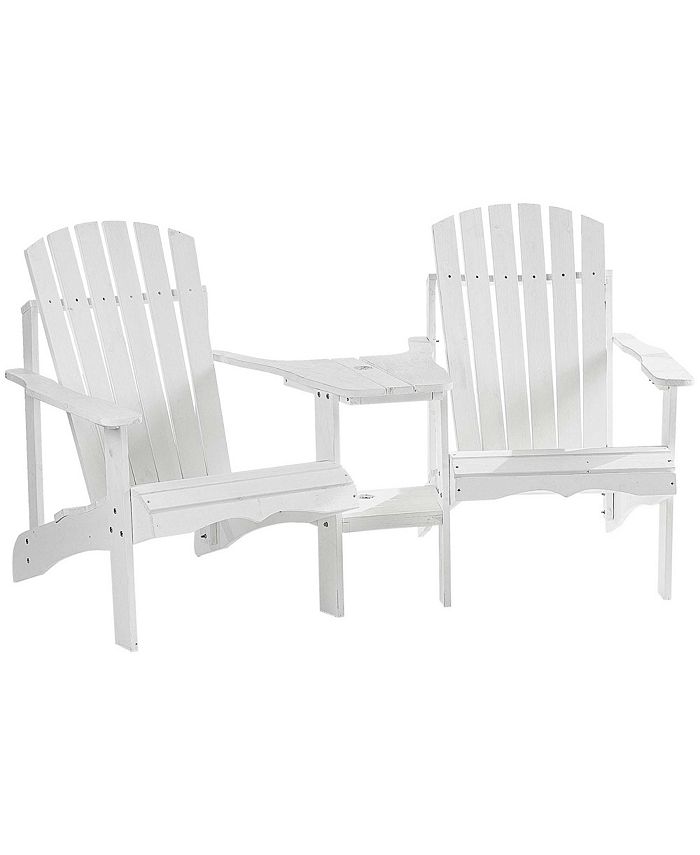 Outsunny Set of 2 Wooden Adirondack Chairs, Outdoor Double Seat with Center Table and Umbrella Hole for Patio, Backyard, Deck, Fire Pit, White