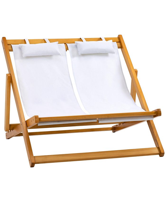 Outsunny 2-Person Double Patio Chaise Lounge Chair, Reclining Lounger, Folding Beach Chair with Adjustable Backrest for Deck, Beach and Poolside, Teak/Cream White