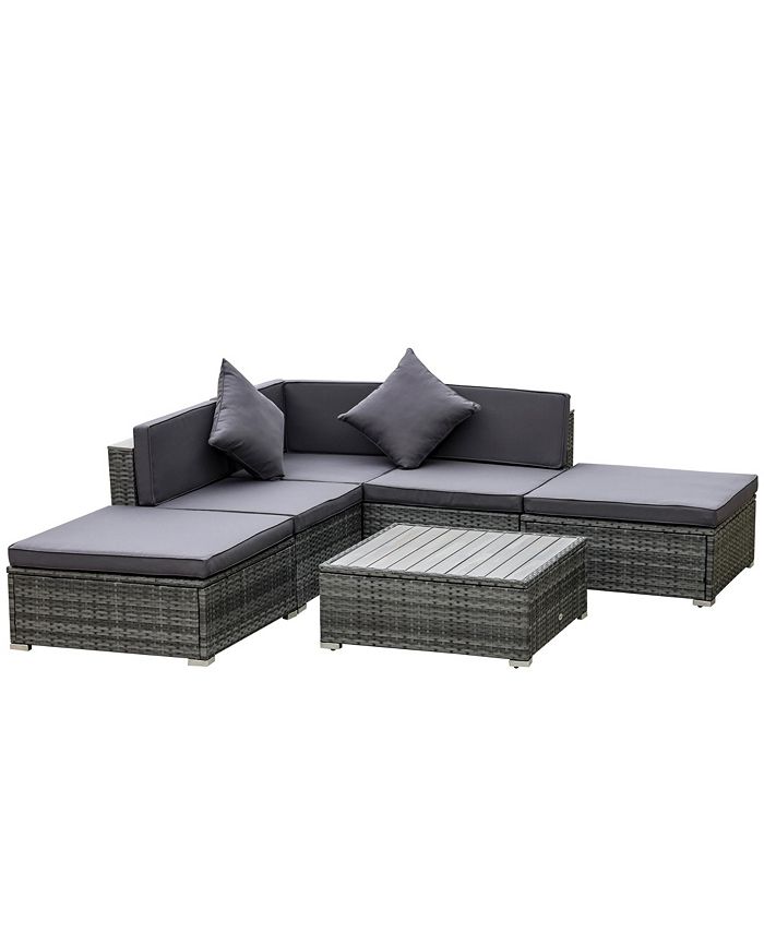 Outsunny 6-Piece Patio Furniture Sets Outdoor Sectional Sofa Set PE Rattan Conversation Sets with Corner Sofa, Middle Sofa, and Acacia Wood Top Coffee Table, Grey