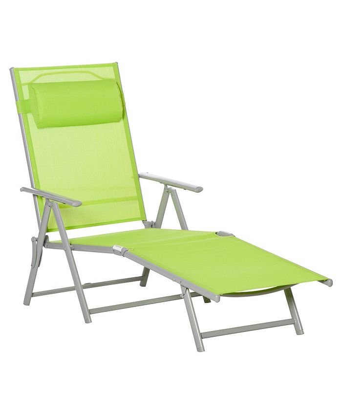 Outsunny Outdoor Folding Chaise Lounge Chair, Portable Lightweight Reclining Sun Lounger with 7-Position Adjustable Backrest & Pillow for Patio, Deck, and Poolside, Green