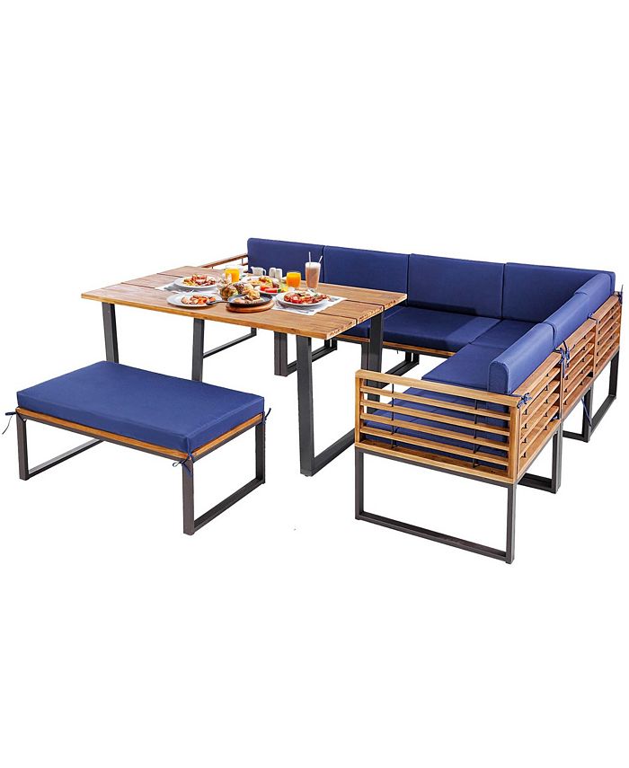 Costway 8pcs Patio Acacia Wood Dining Table & Ottoman Sofa Chair Set Outdoor Furniture