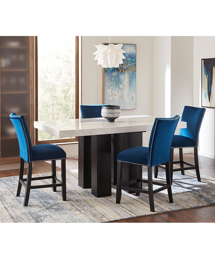 Furniture Camila 70" Rectangle Counter Height Table and Blue Velvet Counter Chair 5-Piece Set