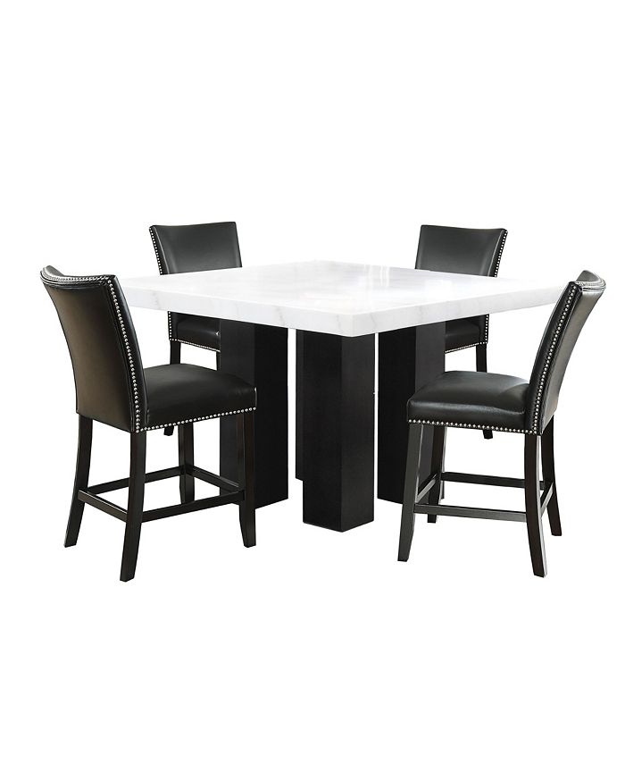 Furniture Camila Square 54" Marble Counter Height Table and Black Counter Chair 5pc Set (Table+4 Chairs)