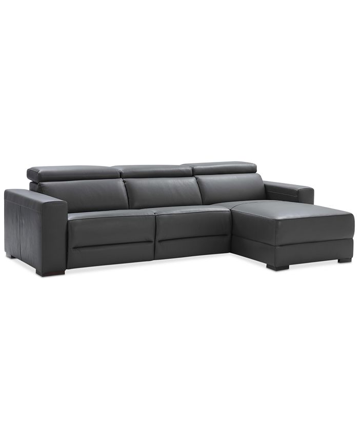 Furniture Nevio 115" 3-pc Leather Sectional Sofa with Chaise, 2 Power Recliners and Articulating Headrests