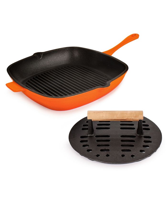 BergHOFF Neo Enameled Cast Iron 2 Piece Grill Pan and Slotted Steak Press Set